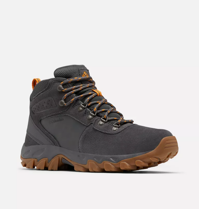 Columbia Newton Ridge™ Plus II Suede WP hiking boots in gray suede with orange accents and gum rubber outsole, side view.