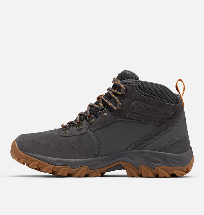 Columbia Newton Ridge™ Plus II Suede WP hiking boots in dark gray suede with orange accents and rugged brown outsole, side view.