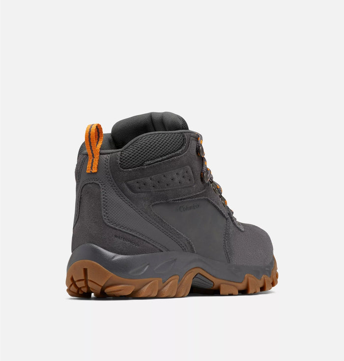 Columbia Newton Ridge™ Plus II Suede WP hiking boots in gray suede with orange accents, waterproof construction, back side view.