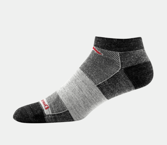 Darn Tough No Show Light socks in gray and black with mesh panels and red accents, side view showing ankle height design.