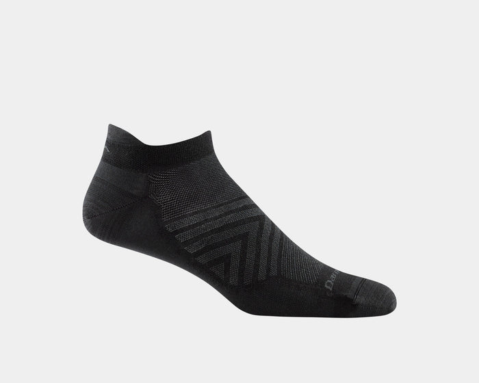 Darn Tough No Show Tab Ultra-Lightweight Running Sock in black with seamless construction and reinforced heel, side view.