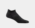 Darn Tough No Show Tab Ultra-Lightweight Running Sock in black with seamless construction and reinforced heel, side view.