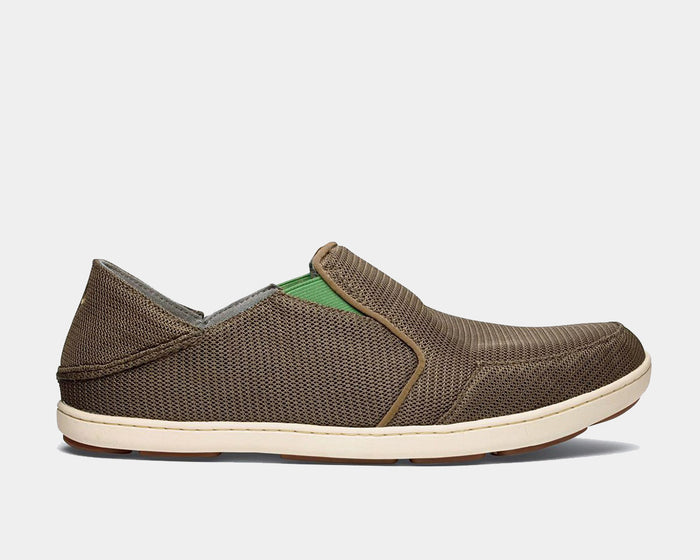OluKai Nohea Mesh shoes in brown mesh with a green inner lining, white midsole, and slip-on design, side view.