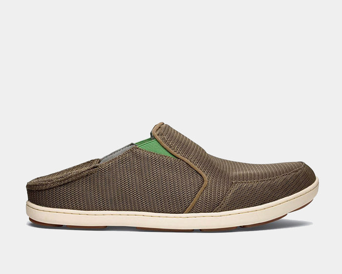 OluKai Nohea Mesh slip-on shoes in brown mesh with green inner lining and white sole, side view.