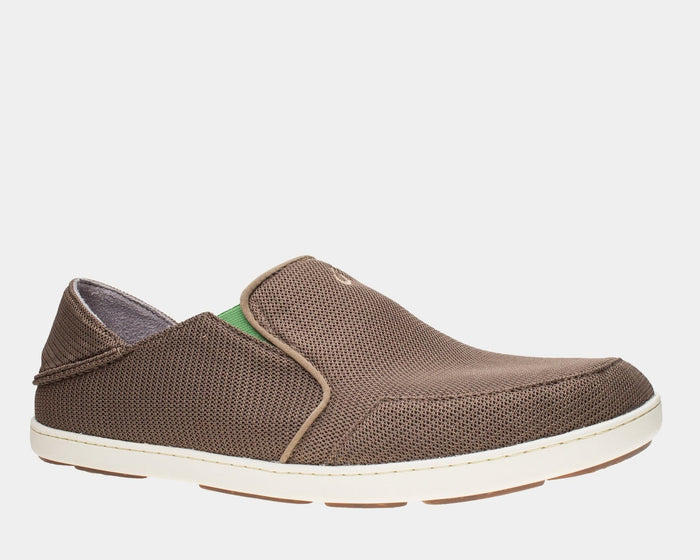 OluKai Nohea Mesh slip-on shoes in brown mesh with contrasting green interior and beige piping, side view.