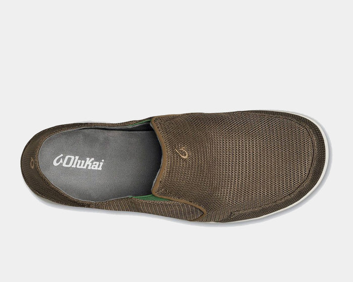 OluKai Nohea Mesh slip-on shoes in dark brown breathable mesh with contrast white sole, top view showing cushioned insole and branded logo.