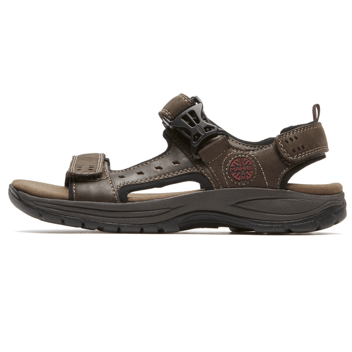 Dunham Nolan Sandal in brown leather with adjustable straps and cushioned sole, side view.