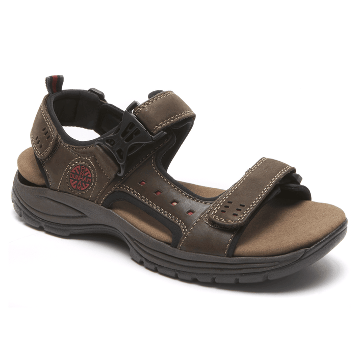 Dunham Nolan Sandal in brown leather with adjustable straps, cushioned footbed, and durable black outsole, side view.