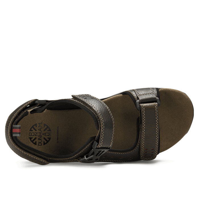 Dunham Nolan Sandal in dark brown leather with adjustable straps and cushioned footbed, top view.