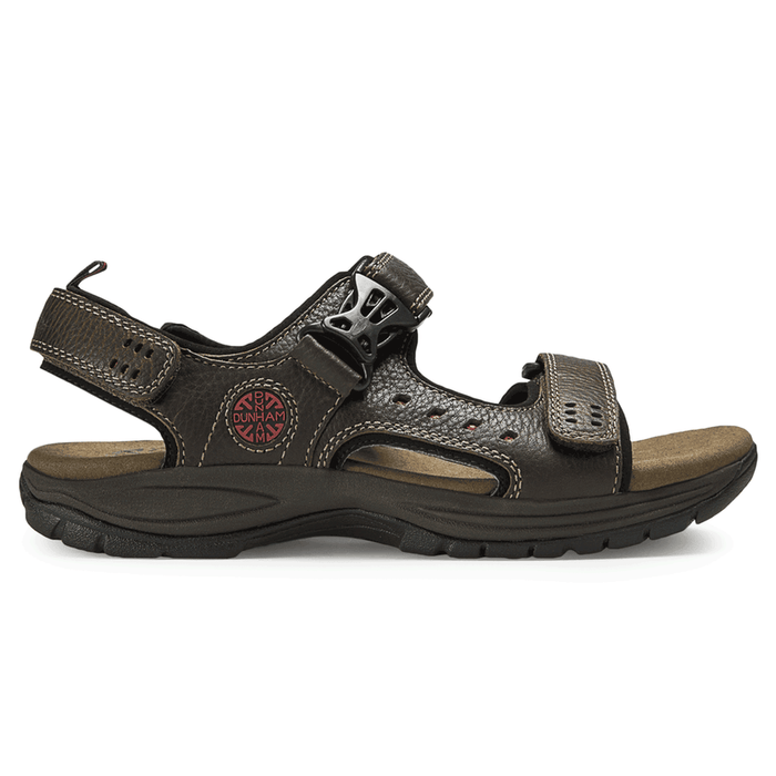 Dunham Nolan Sandal in dark brown leather with adjustable straps and cushioned footbed, side view.