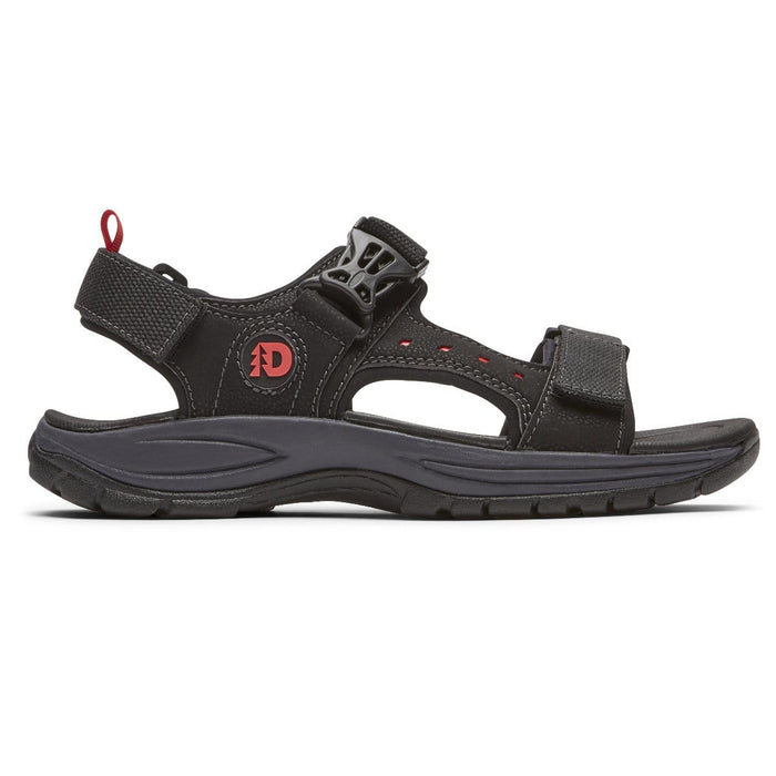 Dunham Nolan Water Friendly Sandal in black with adjustable straps, durable rubber outsole, and red logo detail, side view.