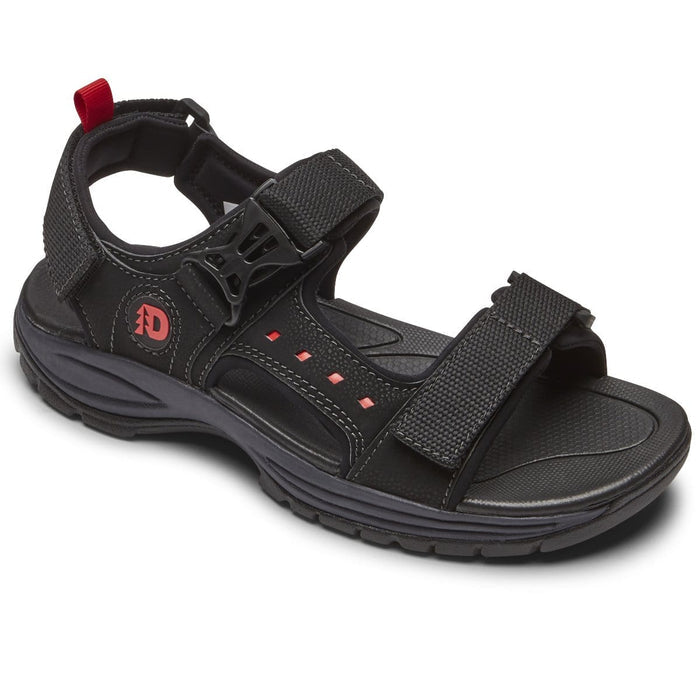Dunham Nolan Water Friendly Sandal in black with adjustable straps, red accents, and durable sole, side angle view.