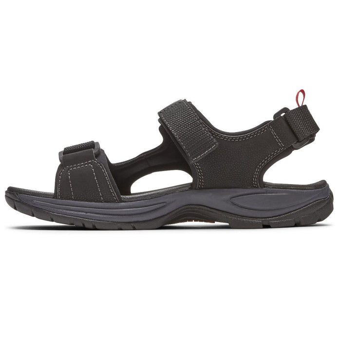 Dunham Nolan Water Friendly Sandal in black with adjustable straps and textured footbed, side profile view.