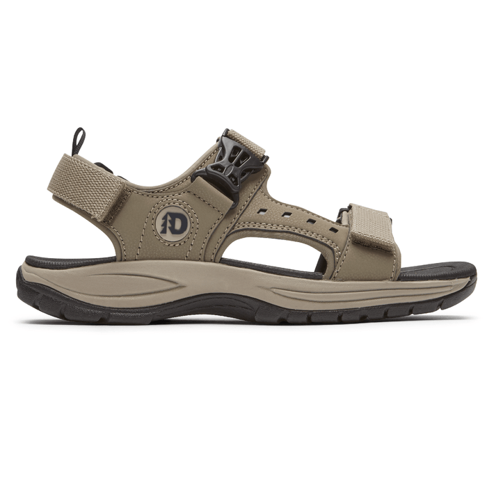 Dunham Nolan Water Friendly Sandal in beige with adjustable straps, durable outsole, and quick-drying materials, side view.
