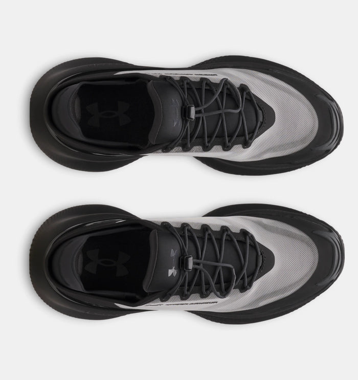 Under Armour Nova SlipSpeed™ shoes with gray mesh upper, black overlays, and adjustable lacing system, top view.