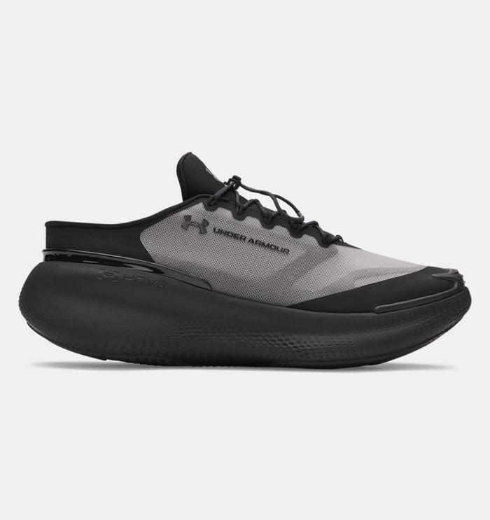 Under Armour Nova SlipSpeed™ shoes in black and gray with a convertible heel design and mesh upper, side view.