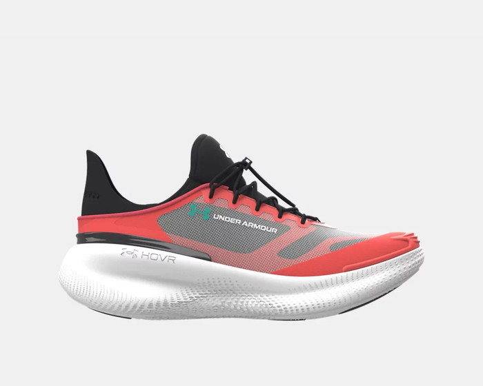 Under Armour Nova SlipSpeed™ running shoes in red and black with a breathable mesh upper, HOVR cushioning, and slip-on design, side view.