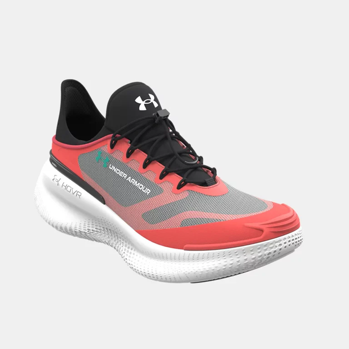 Under Armour Nova SlipSpeed™ athletic shoes in red, black, and gray with mesh upper, HOVR cushioning, and slip-on design, front-side view.