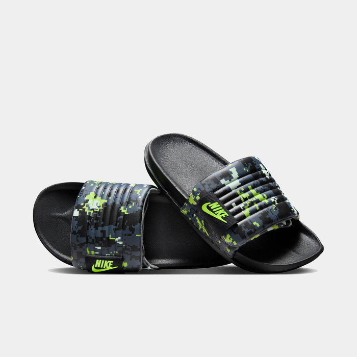 Nike Offcourt Adjustable Slide PR sandals with black footbed and green camo-printed strap featuring neon green Nike logo, angled view.