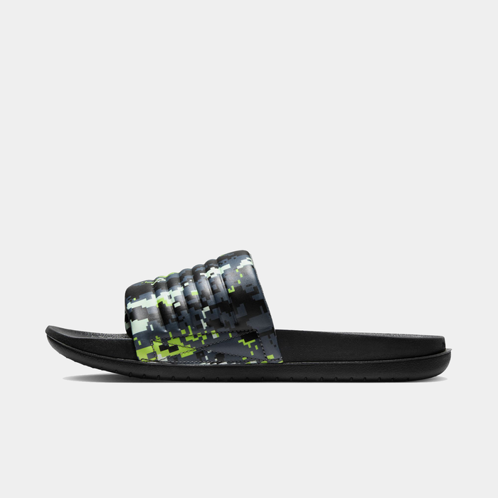 Nike Offcourt Adjustable Slide PR sandals, black with multicolor pixelated strap design in green, gray, and white, side view.