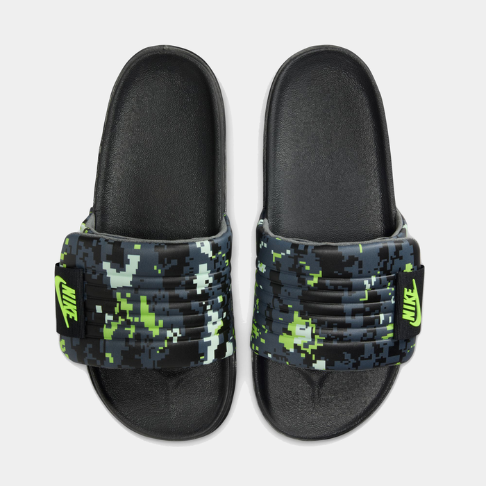 Nike Offcourt Adjustable Slide PR sandals with black footbeds and pixelated camo straps featuring neon green logo details, top view.