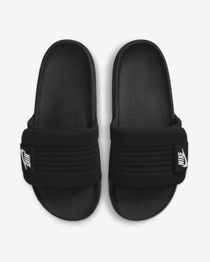Nike Offcourt Adjustable Slide sandals in black with padded strap and white Nike logo patch, top view.