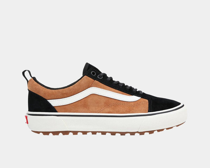 Vans Old Skool MTE sneakers in black and brown suede with white side stripe and rugged outsole, side view.