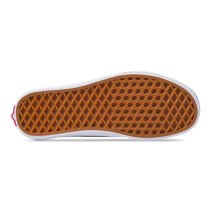 Vans Old Skool skate shoes outsole with signature waffle tread pattern in gum rubber, bottom view.