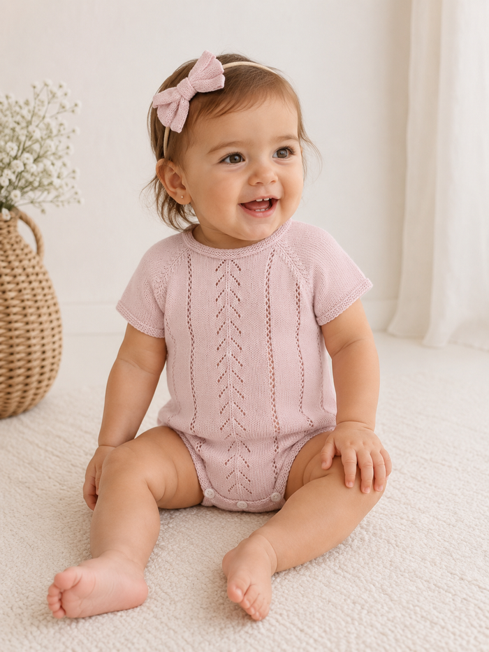Baby wearing a pink knitted onesie with a bow headband on a light background