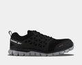 Reebok Work Sublite Cushion Work shoes in black with alloy toe protection, mesh upper, and lightweight gray outsole, side view.