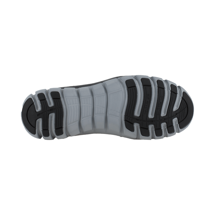 Reebok Work Sublite Cushion Work outsole in gray with black slip-resistant rubber and flex grooves, bottom view.