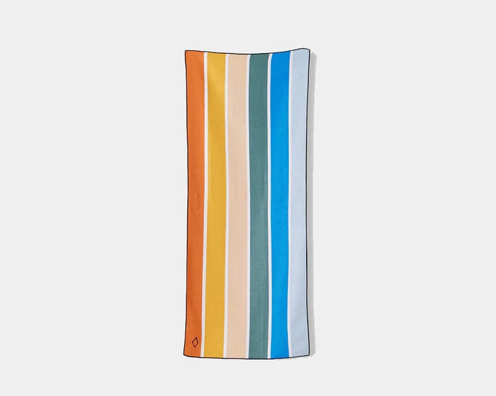 Nomadix Original Towel featuring vibrant striped design in orange, yellow, teal, blue, and beige, front view.