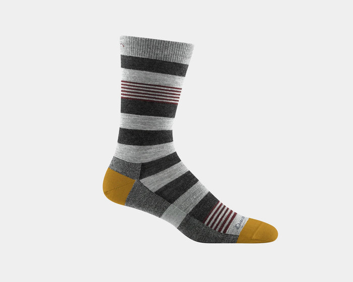 Darn Tough Oxford Crew Light socks in gray, black, and mustard yellow with striped pattern and reinforced toe and heel, side view.