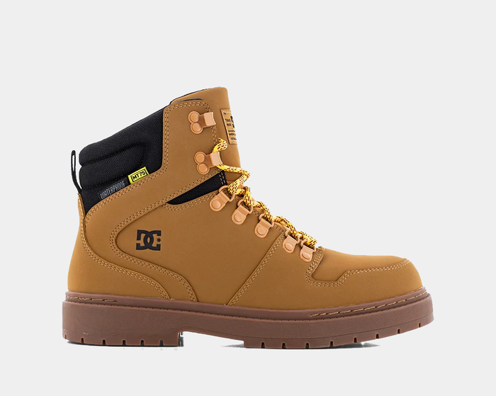 DC WorkCrew Peary TR Work Waterproof Comp Toe Boot in tan with black collar, rugged leather upper, yellow laces, and slip-resistant outsole, side view.