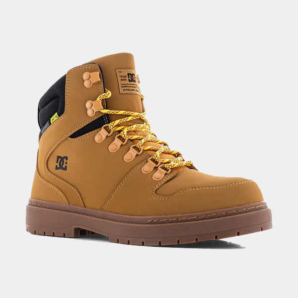 DC WorkCrew Peary TR Work Waterproof Comp Toe Boot in tan with reinforced leather upper, black padded collar, and rugged outsole, side view.