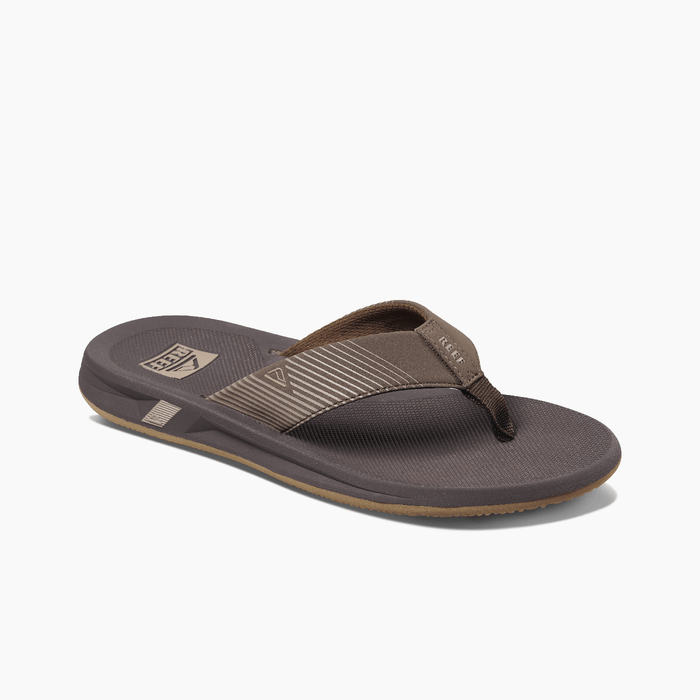 Reef Phantom II flip-flops in brown with textured footbed, striped strap design, and durable sole, side angle view.