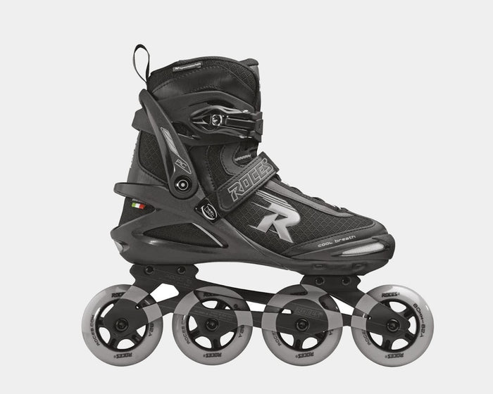 Roces PIC Tif inline skates in black and gray with four wheels, breathable mesh upper, and secure buckle system, side view.