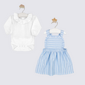 White baby romper with ruffled collar and blue striped dress on hangers against a light gray background