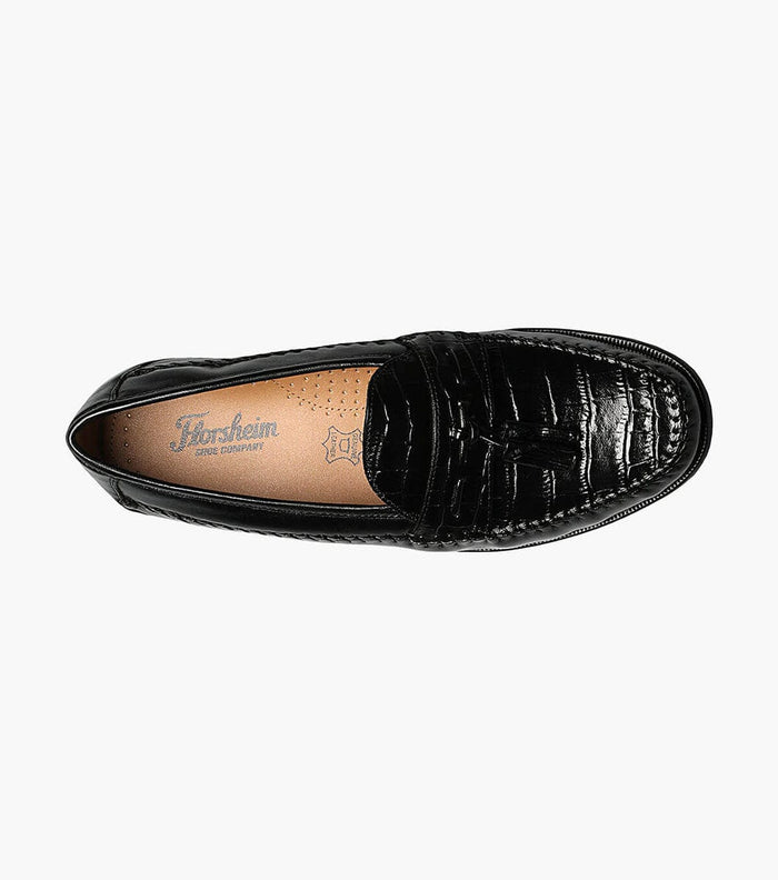 Florsheim Pisa loafers in black with crocodile-embossed leather upper and cushioned insole, top view.