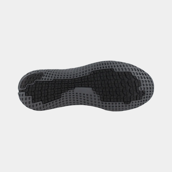 Reebok Work Print Work ULTK work shoe outsole in black and gray with slip-resistant tread design, bottom view