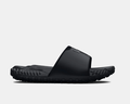 Under Armour Project Rock 3 Slides in black featuring textured strap, rugged outsole, and embossed logo, side view.