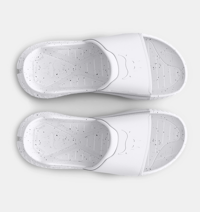 Under Armour Project Rock 3 Slides in white with speckled footbed and embossed bull logo, top view showing dual-texture sole design.