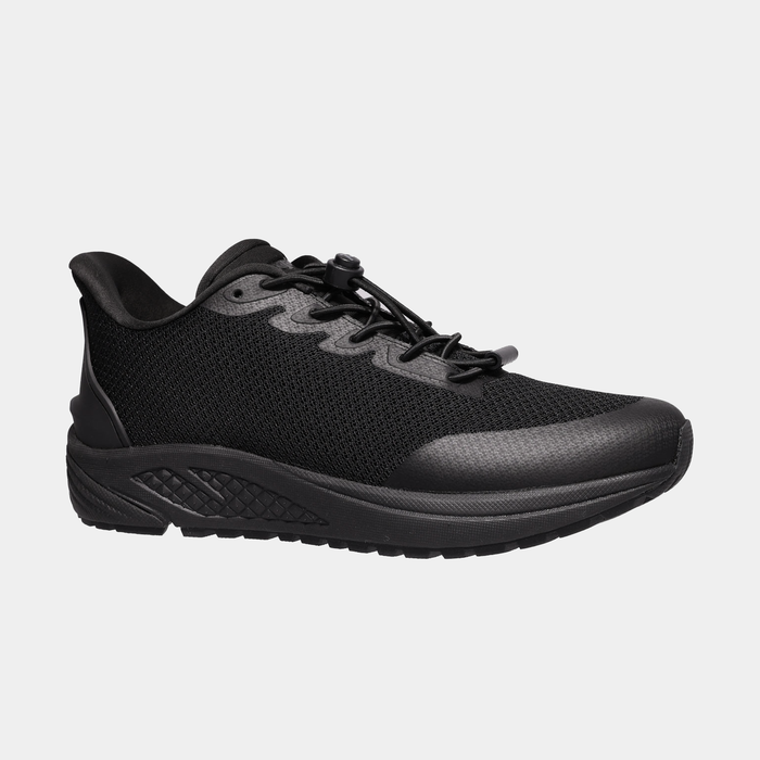 Propét One Velocity Step-In Sneaker in black with a mesh upper, synthetic overlays, and slip-on elastic toggle lace system, side view.