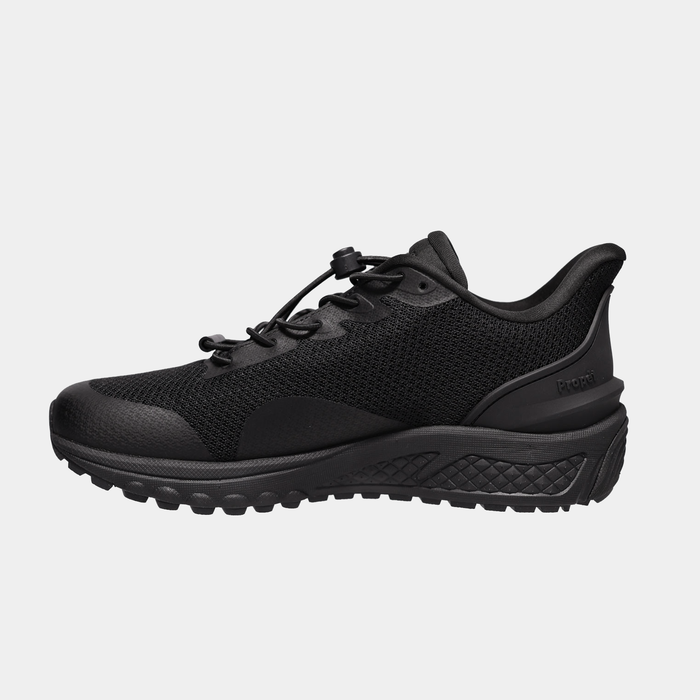 Propét One Velocity Step-In Sneaker in black with mesh upper, slip-on design, and cushioned sole, side view.