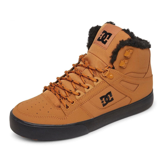 DC Footwear Pure High Top WC Winter shoes, camel brown leather, faux fur lining, durable black outsole, side view.