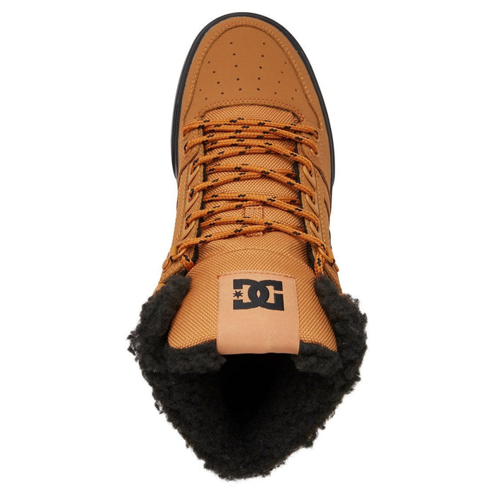 DC Footwear Pure High Top WC Winter shoes in tan with black fleece lining, perforated leather toe box, and logo details, top view.