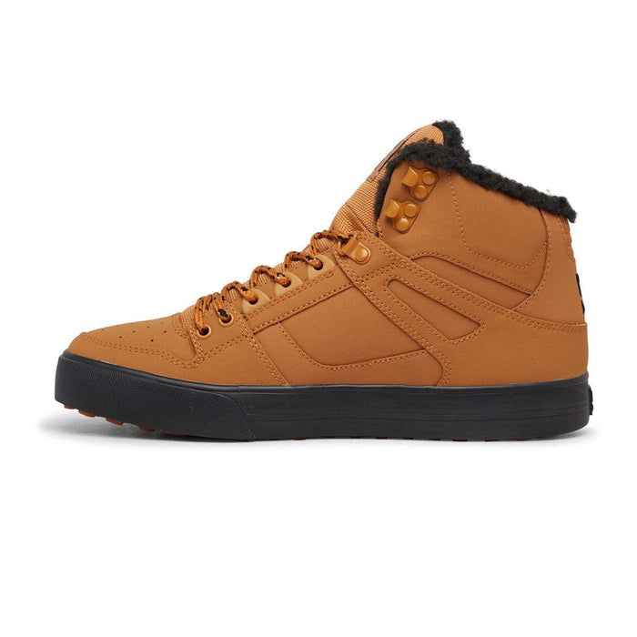 DC Footwear Pure High Top WC Winter shoes in tan with black sole and faux fur collar, side view showing durable construction.