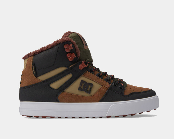 DC Footwear Pure High Top WC Winter shoes, side view showing brown and black leather upper, winterized details, and white outsole.