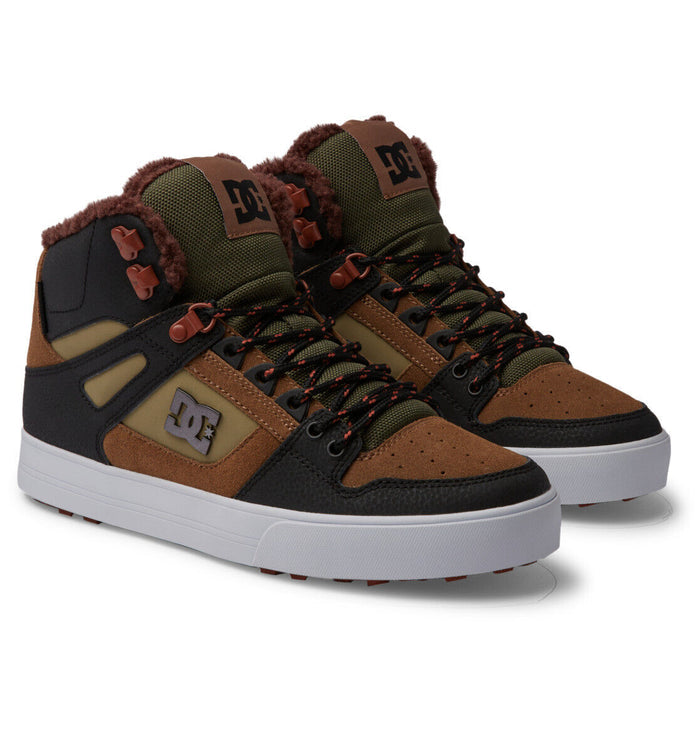 DC Footwear Pure High Top WC Winter high-top sneakers in brown, black, and green with fleece lining and durable overlays, front angled view.