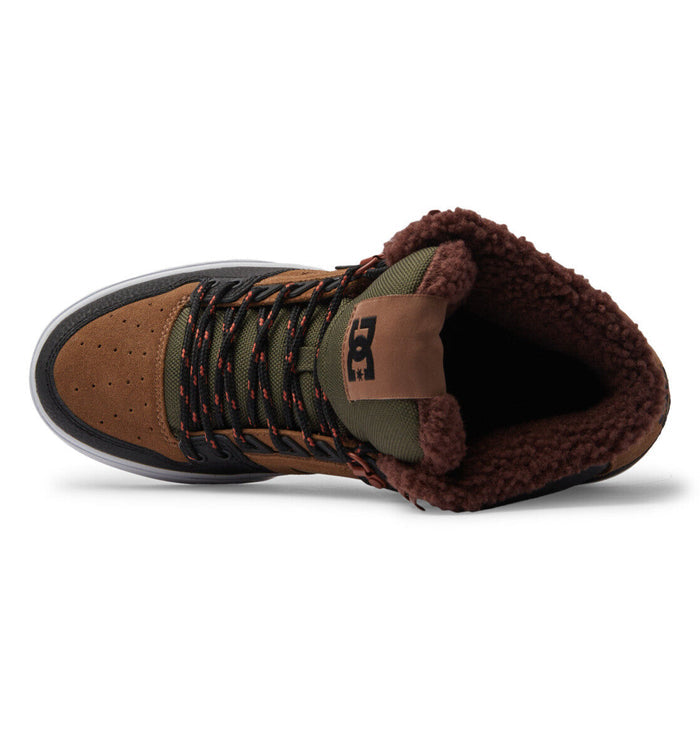 DC Footwear Pure High Top WC Winter sneakers in brown and olive green with fleece lining, top view showing padded tongue and laced closure.